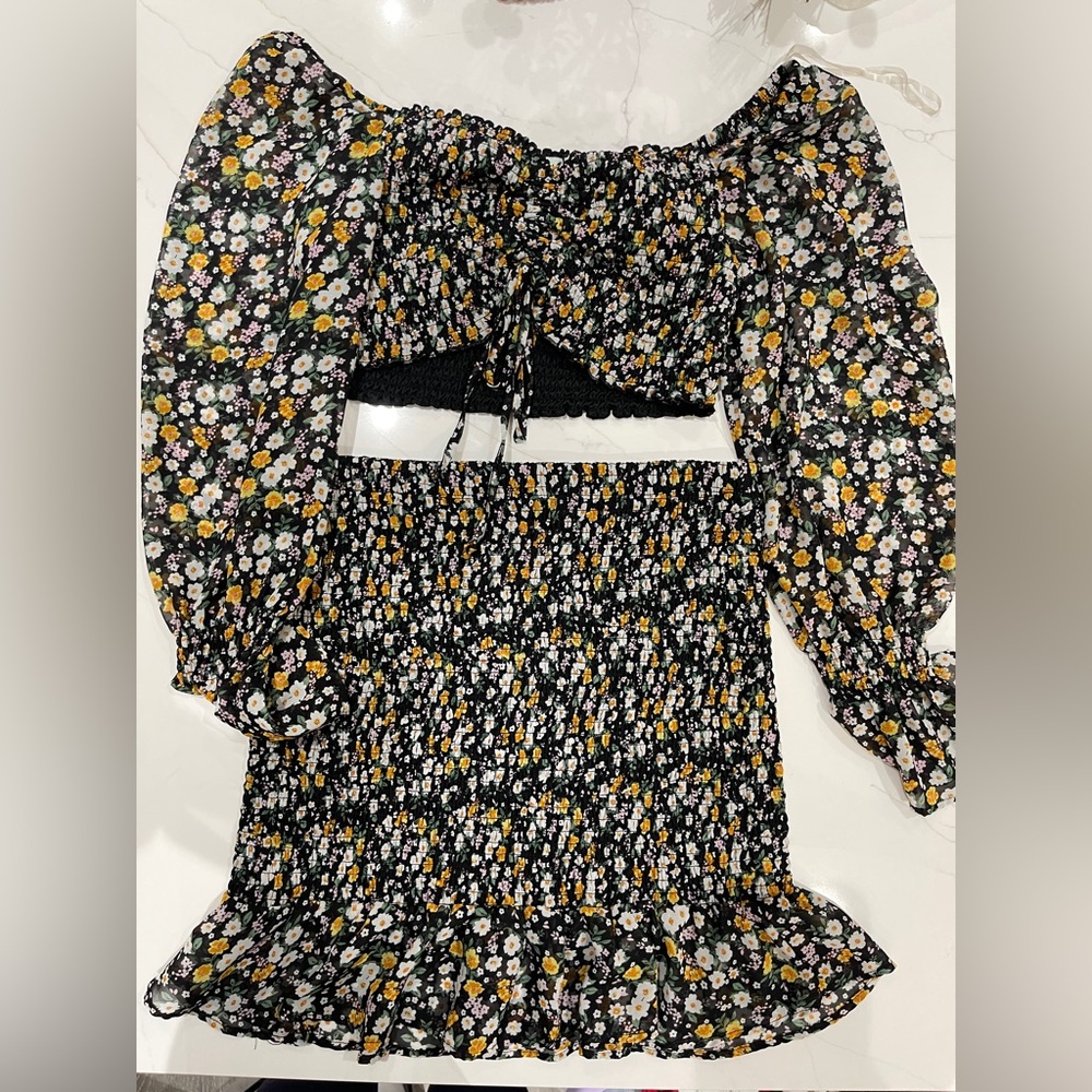 Almost Famous Black Floral Smocked Set